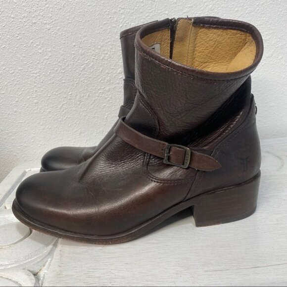 FRYE LYNN STRAP SHORT ANKLE BOOTS BOOTIES LEATHER BROWN 7B - Picture 4 of 9